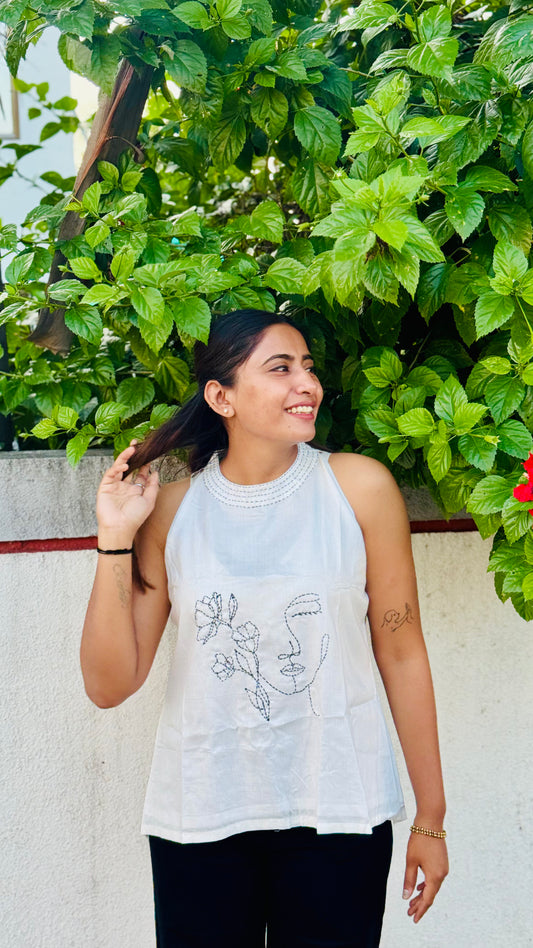 Gulnaz – White Cotton Top with Handcrafted Halter Neck