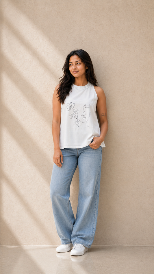 Gulnaz – White Cotton Top with Handcrafted Halter Neck