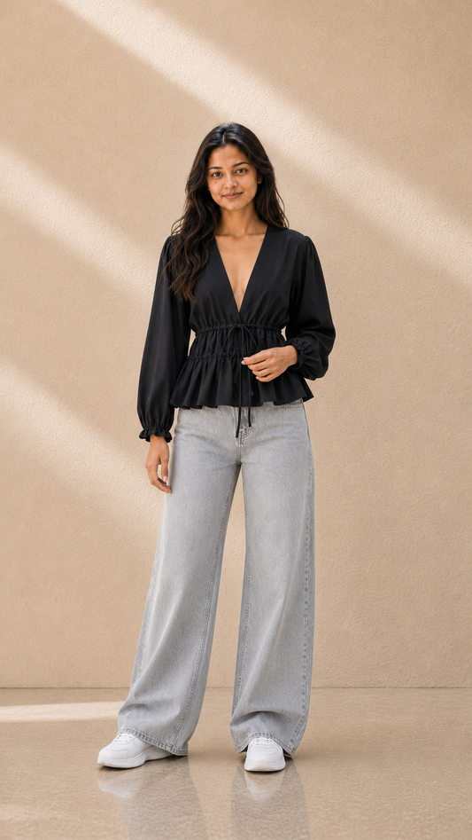Nazuk – Elegant Black Cotton Wrap Top