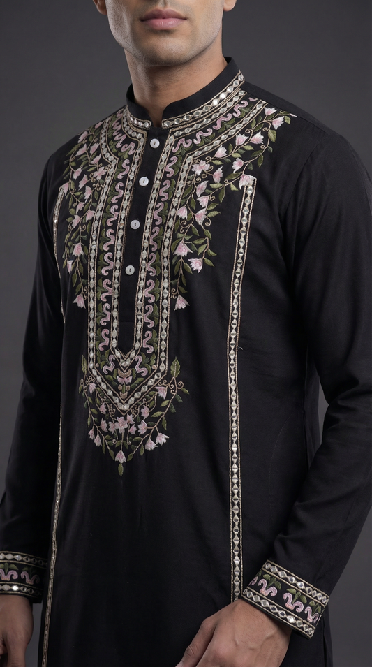 Midnight Botanical Hand-Worked Kurta