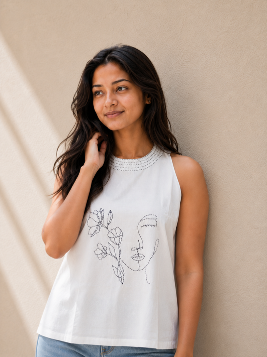 Gulnaz – White Cotton Top with Handcrafted Halter Neck