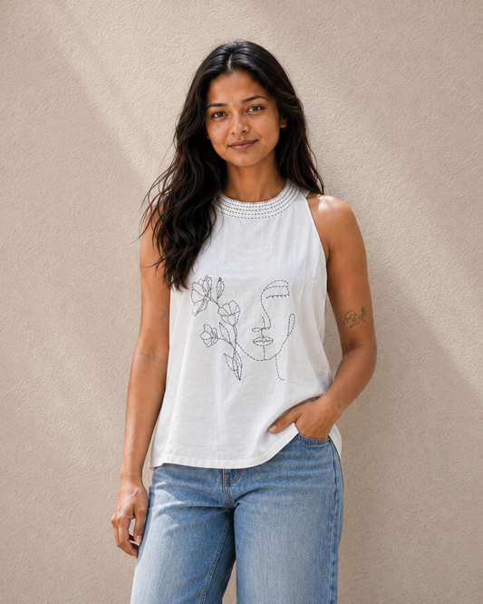 Gulnaz – White Cotton Top with Handcrafted Halter Neck