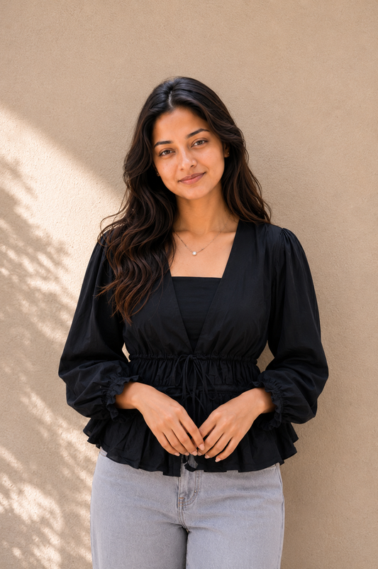 Nazuk – Elegant Black Cotton Wrap Top