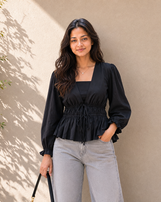 Nazuk – Elegant Black Cotton Wrap Top
