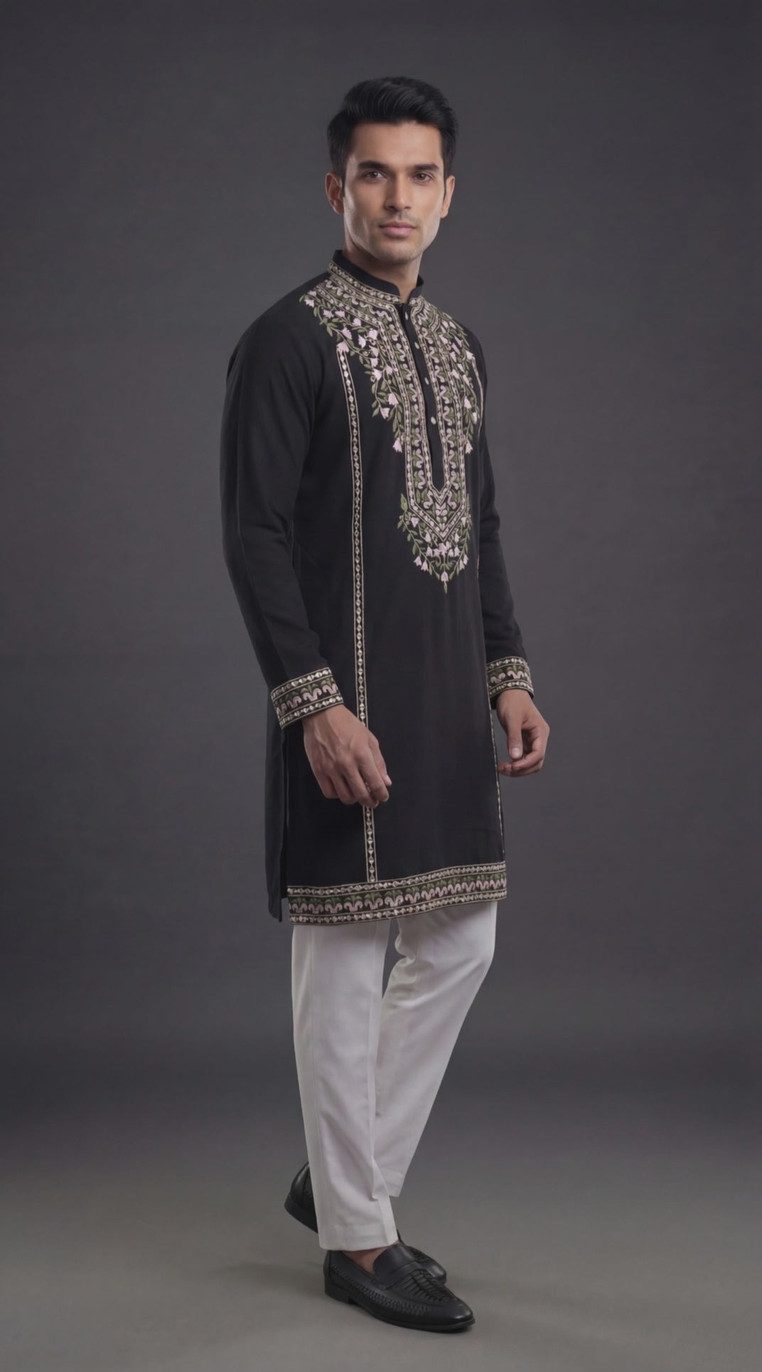 Midnight Botanical Hand-Worked Kurta